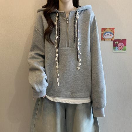 FA44504# 大码胖MM秋冬新款时尚设计感宽松连帽卫衣遮肉显瘦百搭上衣 服裝批發女裝批發服飾貨源