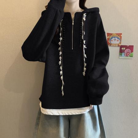 FA44504# 大码胖MM秋冬新款时尚设计感宽松连帽卫衣遮肉显瘦百搭上衣 服裝批發女裝批發服飾貨源