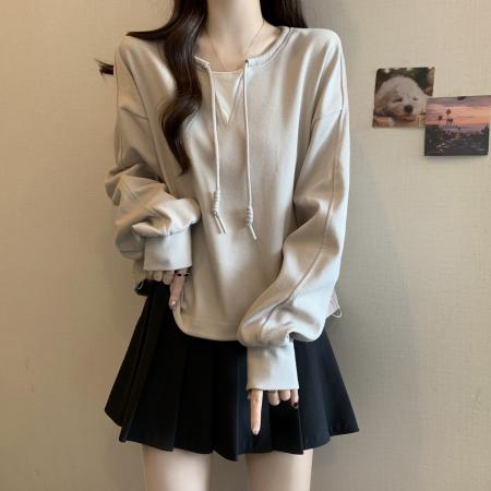 FA44505# 大码胖MM秋冬新款假两件套头卫衣小众抽绳遮肉显瘦上衣女 服裝批發女裝批發服飾貨源