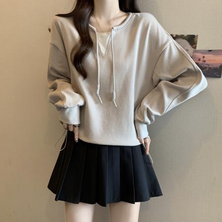 FA44505# 大码胖MM秋冬新款假两件套头卫衣小众抽绳遮肉显瘦上衣女 服裝批發女裝批發服飾貨源