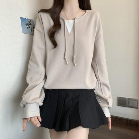 FA44505# 大码胖MM秋冬新款假两件套头卫衣小众抽绳遮肉显瘦上衣女 服裝批發女裝批發服飾貨源