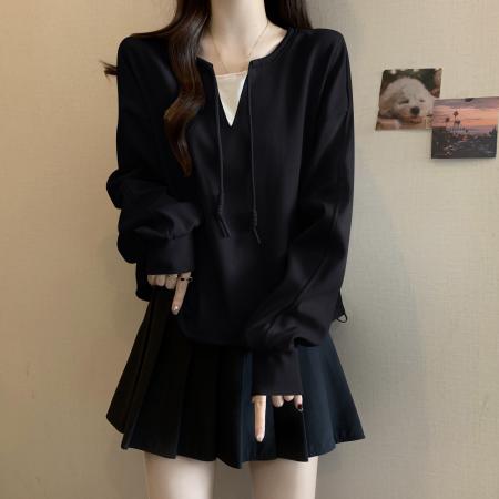 FA44505# 大码胖MM秋冬新款假两件套头卫衣小众抽绳遮肉显瘦上衣女 服裝批發女裝批發服飾貨源
