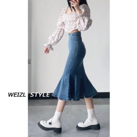 FA44512# 辣妹高腰牛仔鱼尾裙女秋季新款设计感开叉包臀中长款半身裙 服裝批發女裝批發服飾貨源