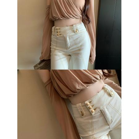 FA44513# 自留金扣明线弹力裤紧身休闲喇叭牛仔裤女 服裝批發女裝批發服飾貨源
