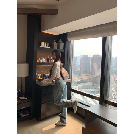 FA44514# 早安樊樊m1u系拼皮牛仔水洗蓝显瘦直筒牛仔裤女秋百搭长裤子 服裝批發女裝批發服飾貨源