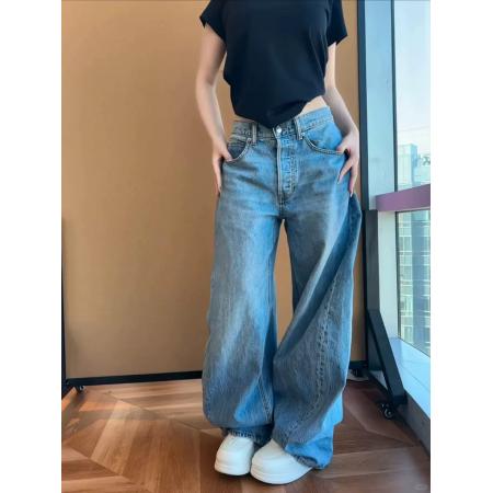 FA44517# UNO烫钻弯刀A字版型宽松女直筒阔腿牛仔裤 服裝批發女裝批發服飾貨源