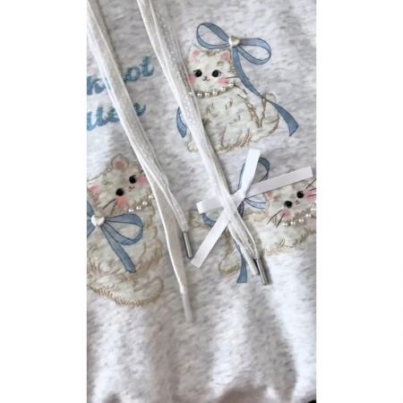 FA44531# 纯棉华棉薄款加绒猫咪印花+钉珠连帽卫衣 服裝批發女裝批發服飾貨源