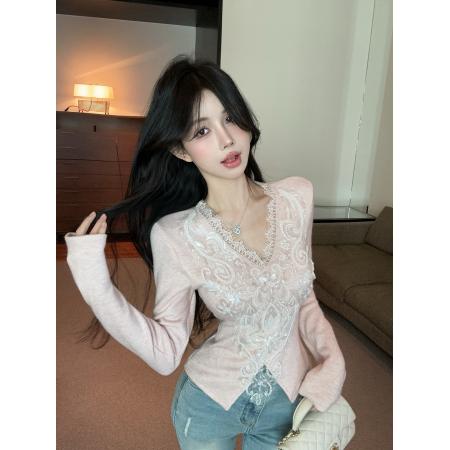 FA44541# 亮片刺绣V领设计感内搭气质上衣 服裝批發女裝批發服飾貨源