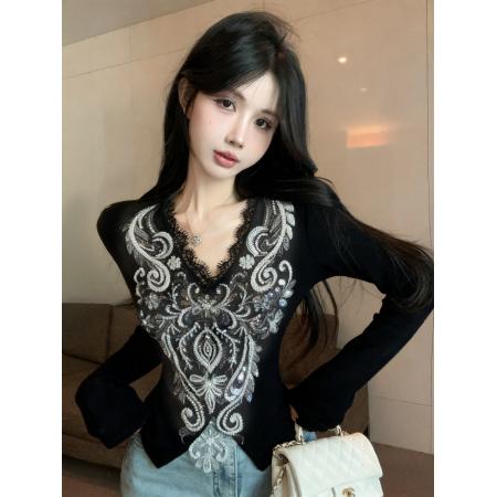 FA44541# 亮片刺绣V领设计感内搭气质上衣 服裝批發女裝批發服飾貨源