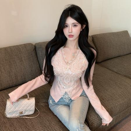 FA44541# 亮片刺绣V领设计感内搭气质上衣 服裝批發女裝批發服飾貨源