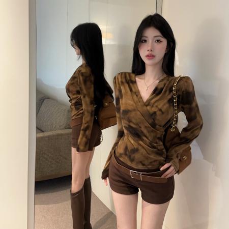 FA44542# v领交叉长袖洋气收腰褶皱晕染上衣 服裝批發女裝批發服飾貨源