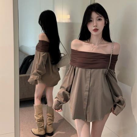 FA44543# 复古撞色拼接一字肩长袖衬衫 服裝批發女裝批發服飾貨源