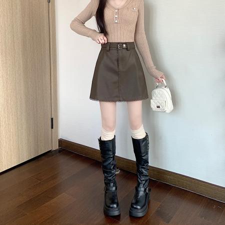 FA44547# 新款秋冬洗水PU皮拼接花边皮裙防走光高腰皮裙A字裙 服裝批發女裝批發服飾貨源