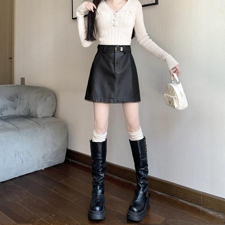 FA44547# 新款秋冬洗水PU皮拼接花边皮裙防走光高腰皮裙A字裙 服裝批發女裝批發服飾貨源