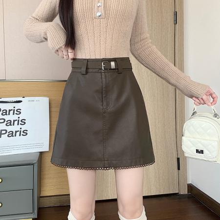 FA44547# 新款秋冬洗水PU皮拼接花边皮裙防走光高腰皮裙A字裙 服裝批發女裝批發服飾貨源