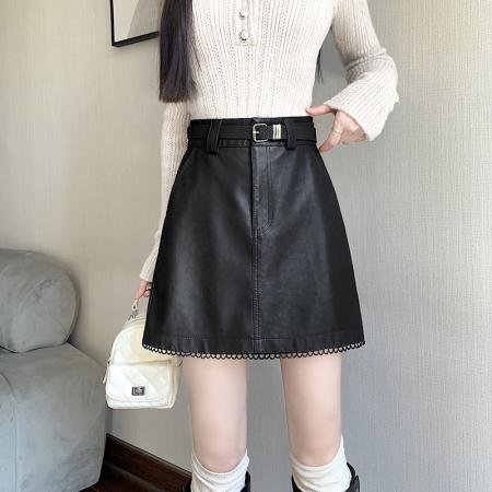 FA44547# 新款秋冬洗水PU皮拼接花边皮裙防走光高腰皮裙A字裙 服裝批發女裝批發服飾貨源