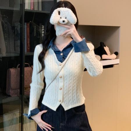 FA44554# 秋冬新款牛仔拼接扭花假两件时尚气质针织开衫外套上衣女 服裝批發女裝批發服飾貨源