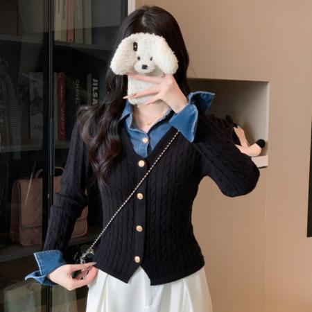 FA44554# 秋冬新款牛仔拼接扭花假两件时尚气质针织开衫外套上衣女 服裝批發女裝批發服飾貨源