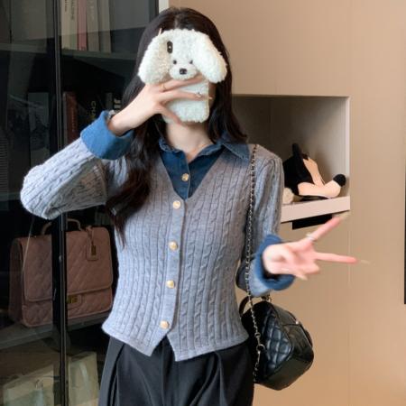 FA44554# 秋冬新款牛仔拼接扭花假两件时尚气质针织开衫外套上衣女 服裝批發女裝批發服飾貨源