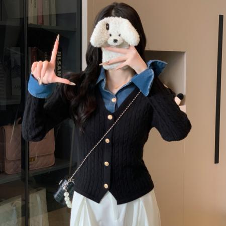 FA44554# 秋冬新款牛仔拼接扭花假两件时尚气质针织开衫外套上衣女 服裝批發女裝批發服飾貨源