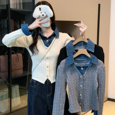 FA44554# 秋冬新款牛仔拼接扭花假两件时尚气质针织开衫外套上衣女 服裝批發女裝批發服飾貨源