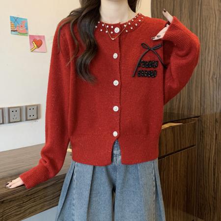FA44556# 法式重工镶钻蝴蝶结开衫毛衣大码女装秋季新款气质显瘦减龄针织衫 服裝批發女裝批發服飾貨源