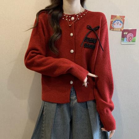 FA44556# 法式重工镶钻蝴蝶结开衫毛衣大码女装秋季新款气质显瘦减龄针织衫 服裝批發女裝批發服飾貨源