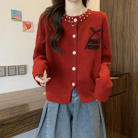 FA44556# 法式重工镶钻蝴蝶结开衫毛衣大码女装秋季新款气质显瘦减龄针织衫 服裝批發女裝批發服飾貨源