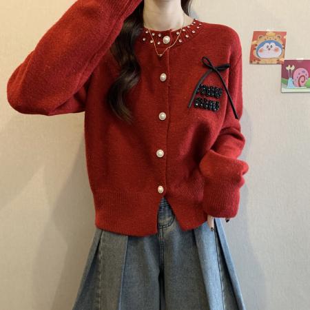 FA44556# 法式重工镶钻蝴蝶结开衫毛衣大码女装秋季新款气质显瘦减龄针织衫 服裝批發女裝批發服飾貨源