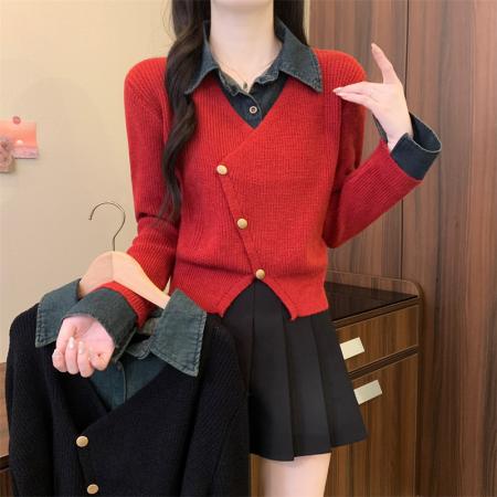 FA44557# 大码女装百搭时尚牛仔POLO领拼接毛衣冬新款假两件开衫上衣 服裝批發女裝批發服飾貨源