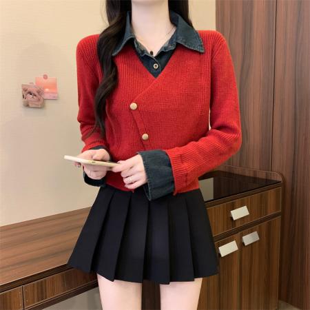 FA44557# 大码女装百搭时尚牛仔POLO领拼接毛衣冬新款假两件开衫上衣 服裝批發女裝批發服飾貨源