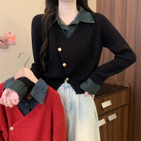 FA44557# 大码女装百搭时尚牛仔POLO领拼接毛衣冬新款假两件开衫上衣 服裝批發女裝批發服飾貨源