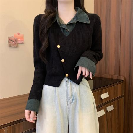 FA44557# 大码女装百搭时尚牛仔POLO领拼接毛衣冬新款假两件开衫上衣 服裝批發女裝批發服飾貨源