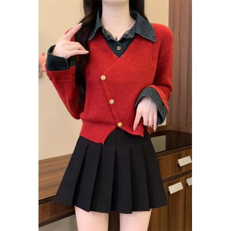 FA44557# 大码女装百搭时尚牛仔POLO领拼接毛衣冬新款假两件开衫上衣 服裝批發女裝批發服飾貨源