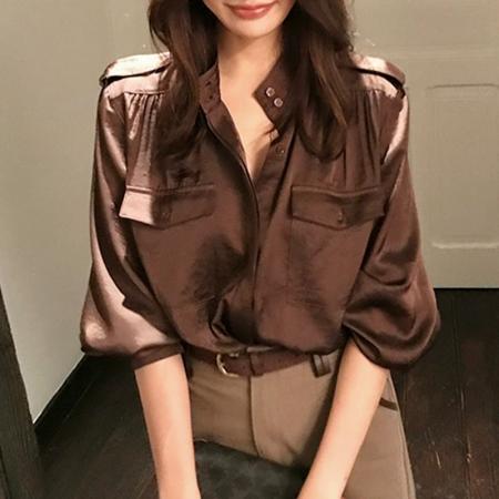 FA44559# 龍喜儿复古港风设计感缎面衬衫女秋冬小众宽松显瘦长袖上衣 服裝批發女裝批發服飾貨源