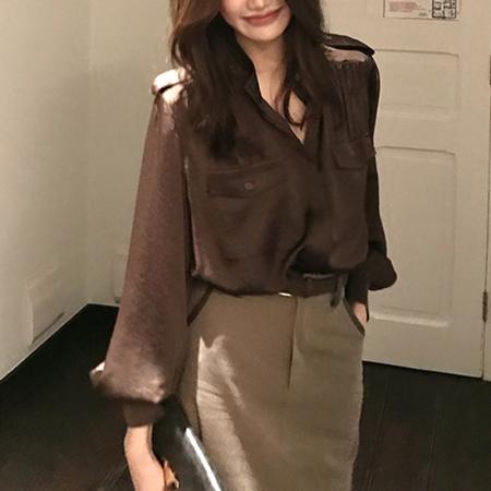 FA44559# 龍喜儿复古港风设计感缎面衬衫女秋冬小众宽松显瘦长袖上衣 服裝批發女裝批發服飾貨源