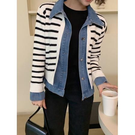 FA44564# 拼接牛仔假两件外套开衫女百搭减龄夹克上衣 服裝批發女裝批發服飾貨源