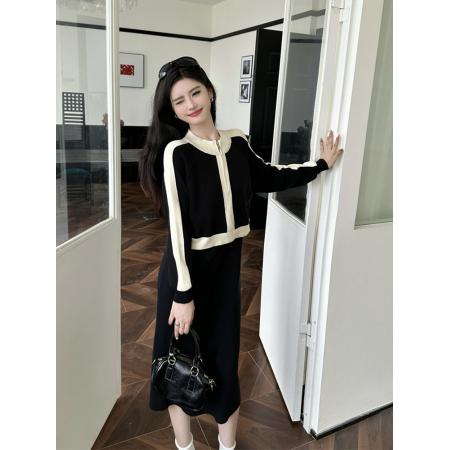 FA44565# 大码女装胖MM高级感假两件休闲百搭裙子秋冬时尚条纹连衣裙 服裝批發女裝批發服飾貨源