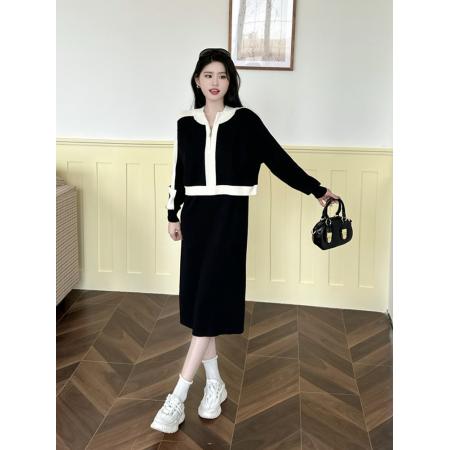 FA44565# 大码女装胖MM高级感假两件休闲百搭裙子秋冬时尚条纹连衣裙 服裝批發女裝批發服飾貨源
