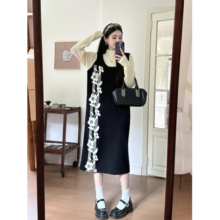 FA44566# 大码女装秋冬胖MM设计感显瘦内搭小黑裙气质假两件针织连衣裙 服裝批發女裝批發服飾貨源