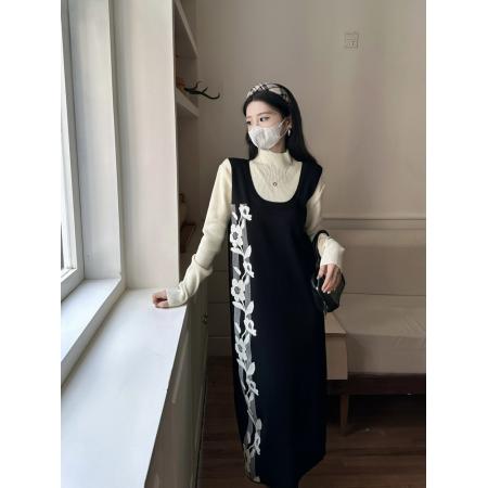 FA44566# 大码女装秋冬胖MM设计感显瘦内搭小黑裙气质假两件针织连衣裙 服裝批發女裝批發服飾貨源
