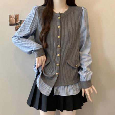 FA44589# 大码胖mm秋季新款设计感花边遮肉显瘦长袖假两件上衣 服裝批發女裝批發服飾貨源