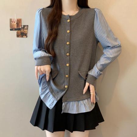 FA44589# 大码胖mm秋季新款设计感花边遮肉显瘦长袖假两件上衣 服裝批發女裝批發服飾貨源