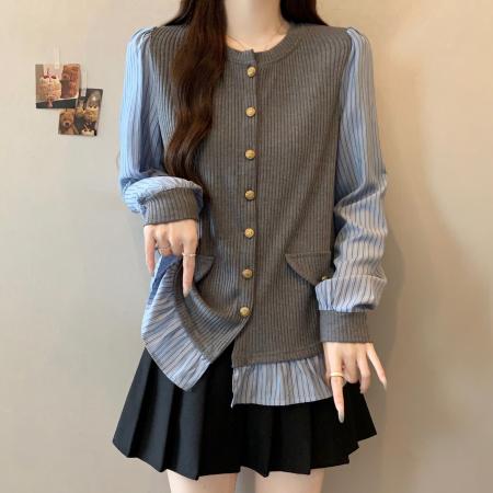 FA44589# 大码胖mm秋季新款设计感花边遮肉显瘦长袖假两件上衣 服裝批發女裝批發服飾貨源