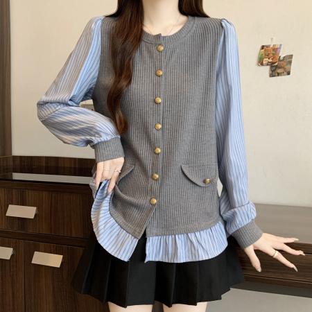 FA44589# 大码胖mm秋季新款设计感花边遮肉显瘦长袖假两件上衣 服裝批發女裝批發服飾貨源