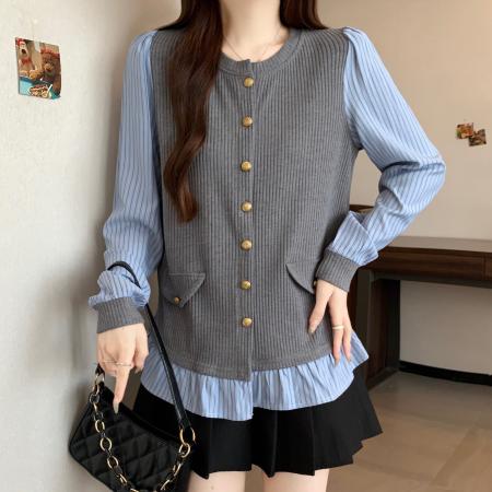 FA44589# 大码胖mm秋季新款设计感花边遮肉显瘦长袖假两件上衣 服裝批發女裝批發服飾貨源