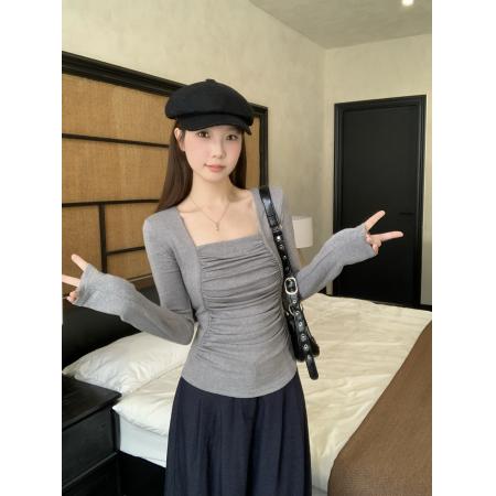 FA44597# 大码胖MM秋冬新款纯欲风褶皱方领收腰长袖T恤修身显瘦打底衫 服裝批發女裝批發服飾貨源