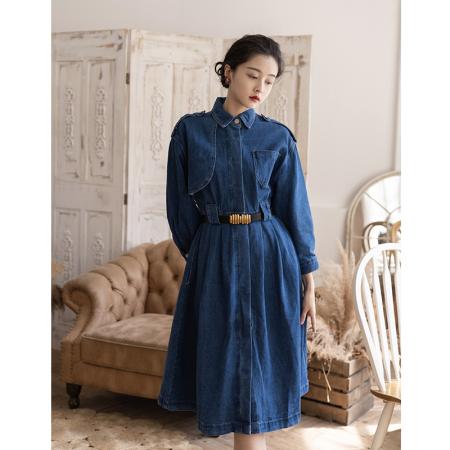 FA44599# 复古牛仔连衣裙女秋冬新款中长款风衣式显瘦长袖裙子送腰带 服裝批發女裝批發服飾貨源