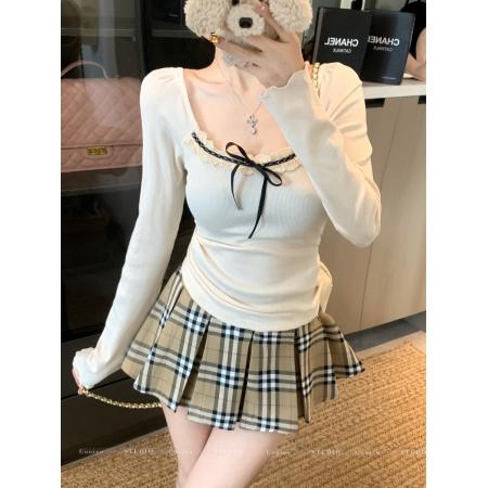FA44602# 纯欲风蕾丝花边拼接长袖T恤女甜辣妹修身内搭打底短款上衣可外穿 服裝批發女裝批發服飾貨源