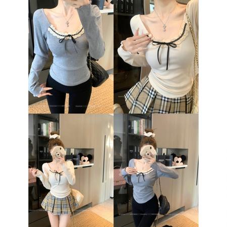 FA44602# 纯欲风蕾丝花边拼接长袖T恤女甜辣妹修身内搭打底短款上衣可外穿 服裝批發女裝批發服飾貨源